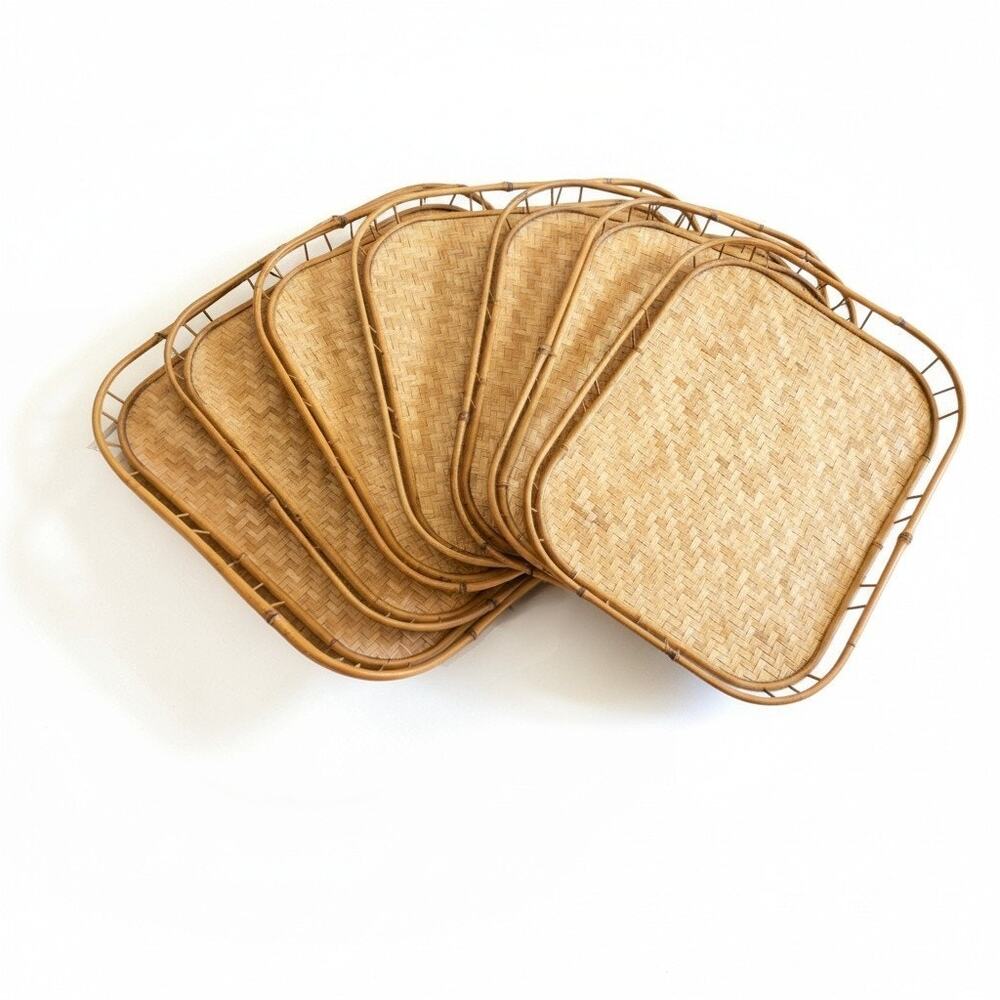 Vintage Bamboo Rattan Serving Trays-Set of 7-Woven-Tiki-Boho-MCM-60s-Coastal-Lap